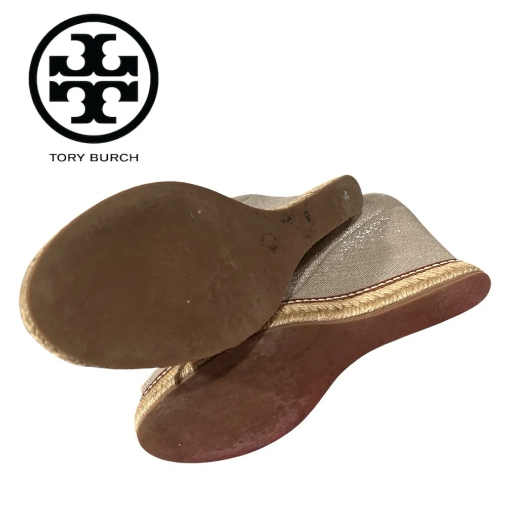 Tory Burch Women’s‎ Jackie Metallic Washed Linen Peep Toe Espadrilles - Size 8
